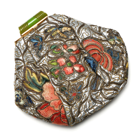 Embroidered Silver Purse with Bakelite Closure