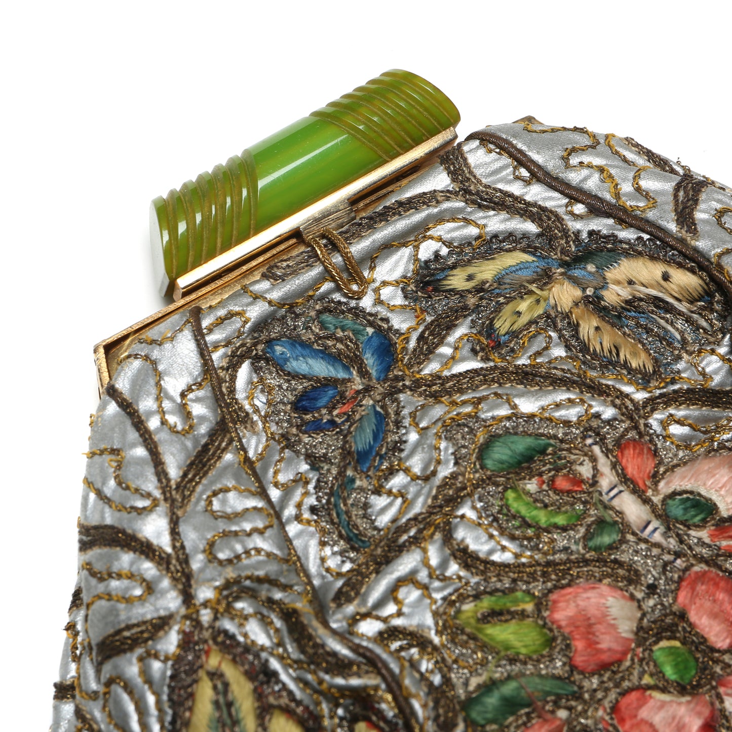 Embroidered Silver Purse with Bakelite Closure
