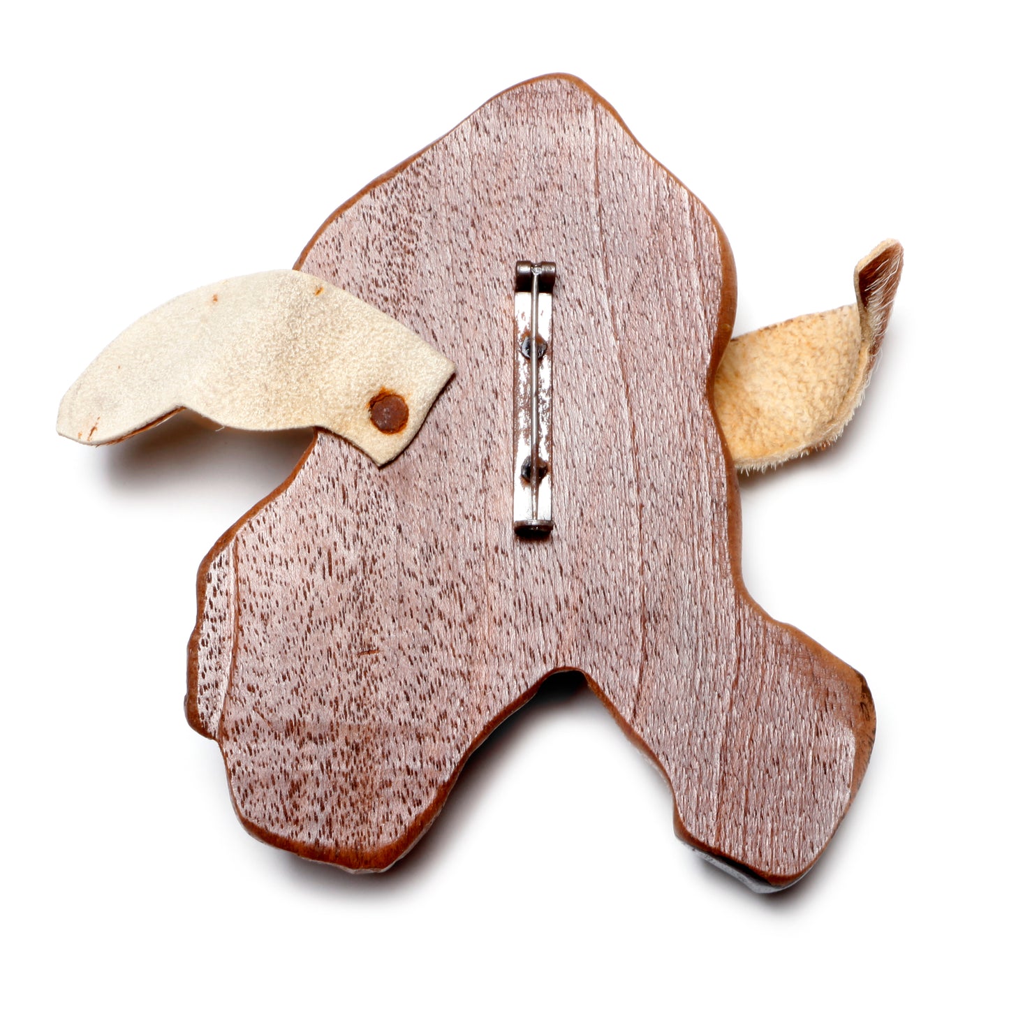 Wood Dog Brooch with Fur Ears