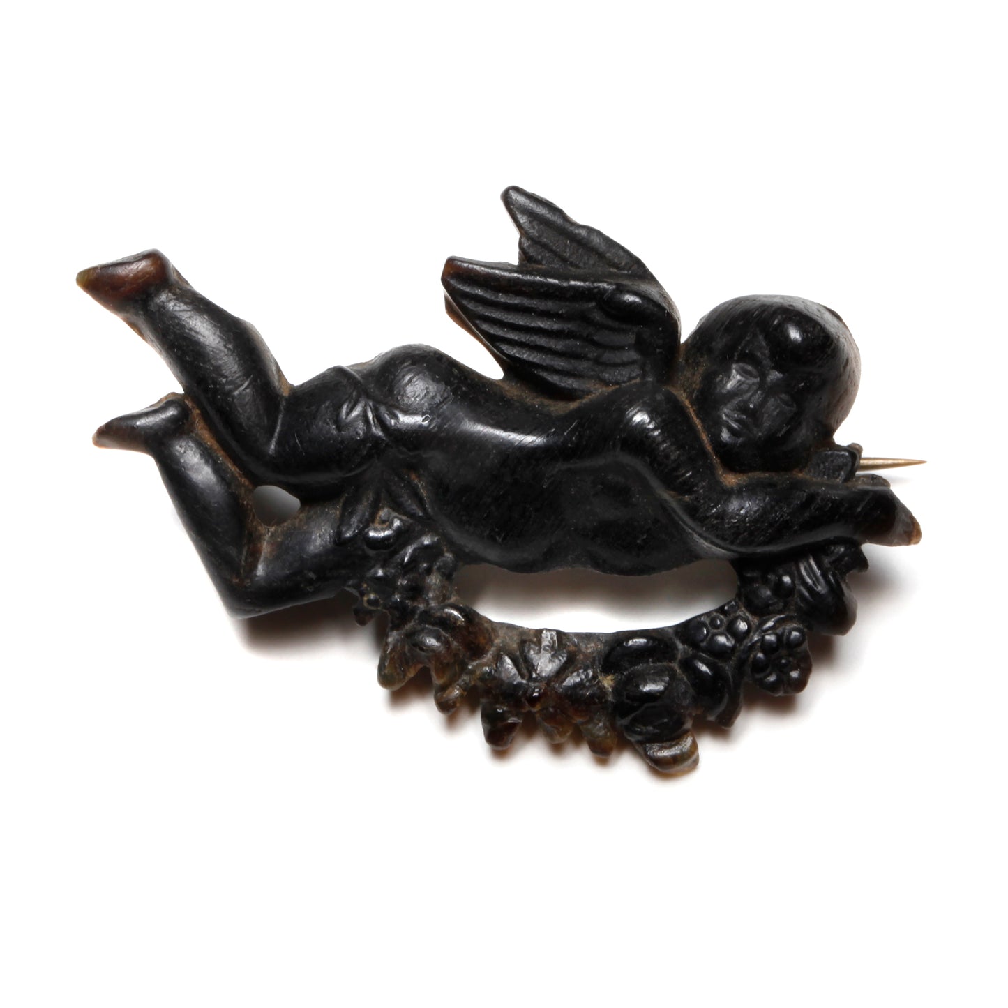 Victorian Bog Oak Cherub Brooch