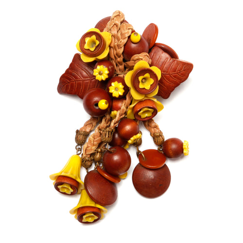 Miriam Haskell Wood and Yellow Flower Brooch