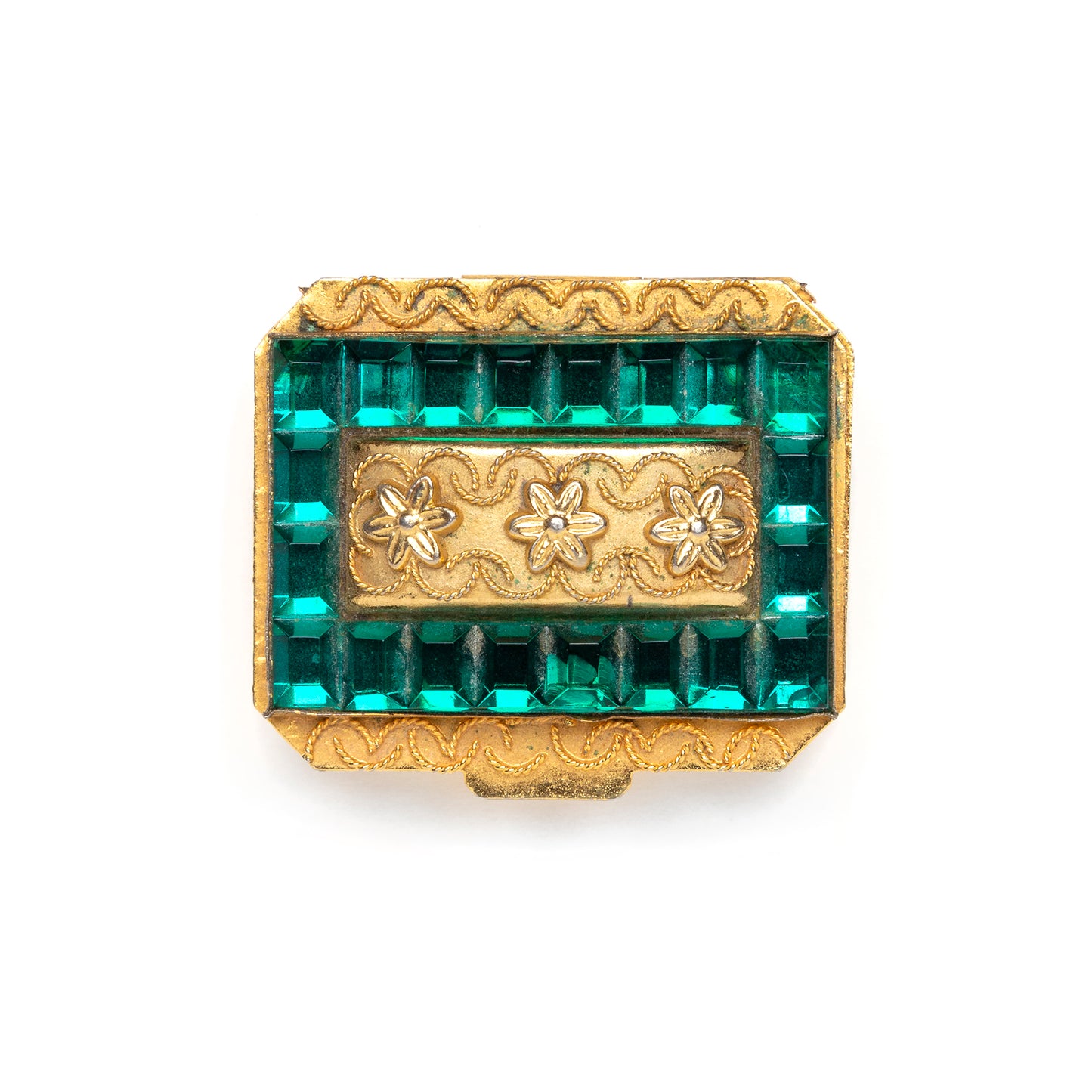 1950s Green Jewelled Gold Pill Box