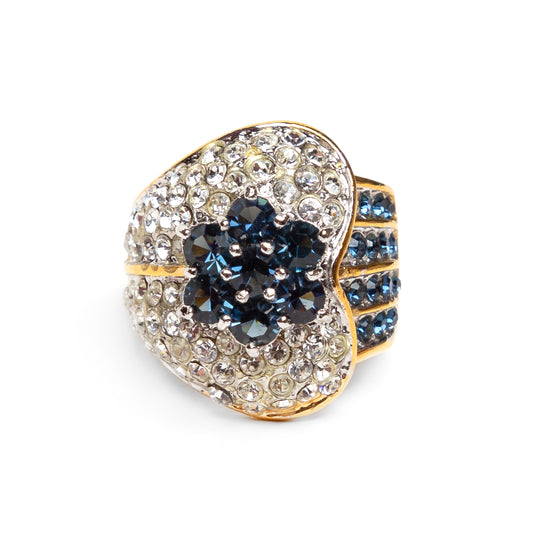 1980s Heart and Flower Rhinestone Ring