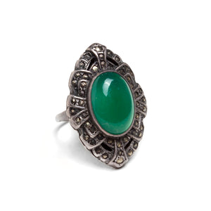 1930s Green Cabochon and Marcasite Ring