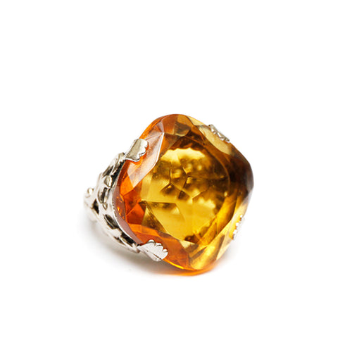 1950s Twisted Silver-Toned Ring with Amber Stone