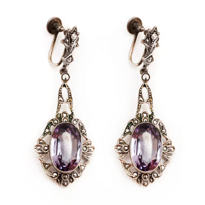 1940s Silver Marcasite Earrings with Pale Purple Crystal