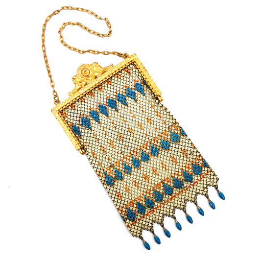 1920s Mandalian White Mesh Purse with Blue Danglies