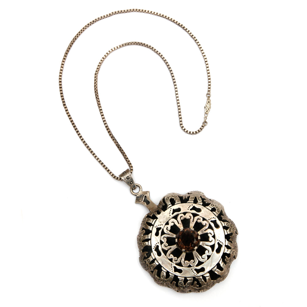 1960s JS Mexican Silver Pendant Necklace with Smoke Stone