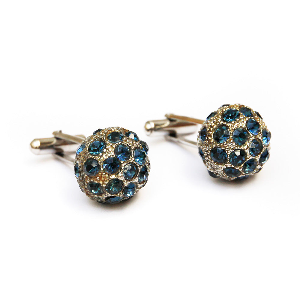 1970s Silver Spherical Cufflinks with Blue Stones