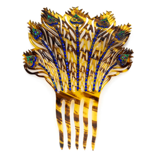 Tortoise-Shell Hair Comb with Blue/Green Rhinestones