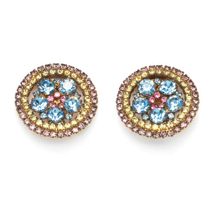 Sparkly Blue Flower Button Earrings