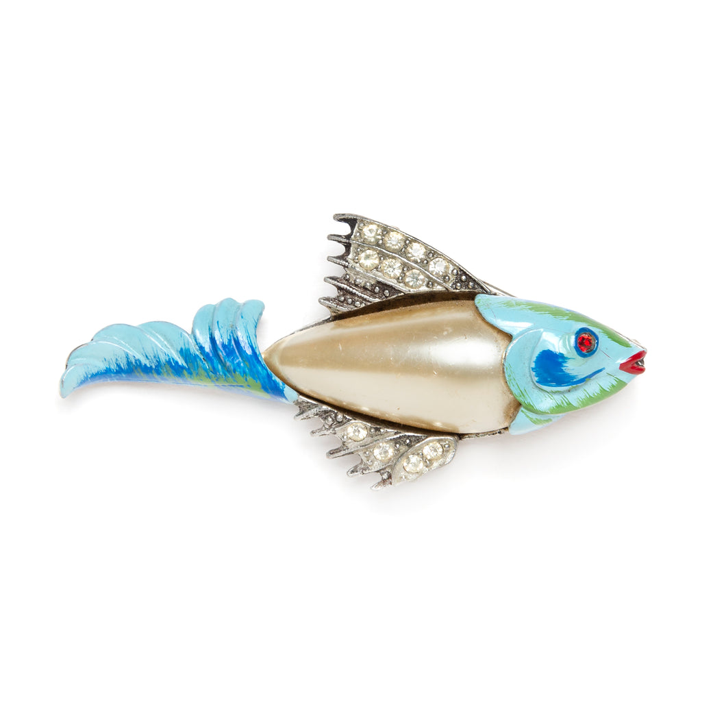 1940s Blue and Pearl Fish Brooch
