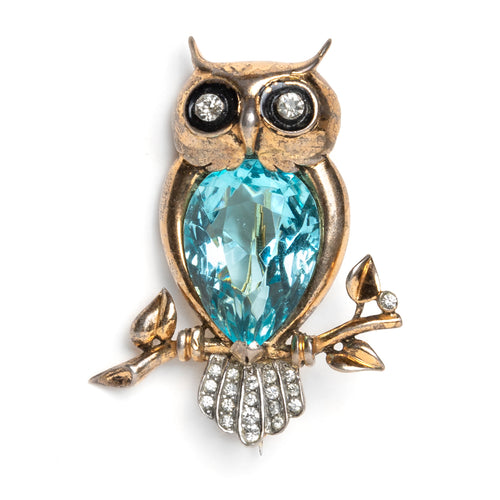 1950s Sterling Blue Stone Owl Brooch