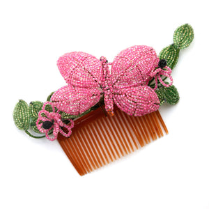 1960s Hair Comb with Beaded Butterfly and Flowers