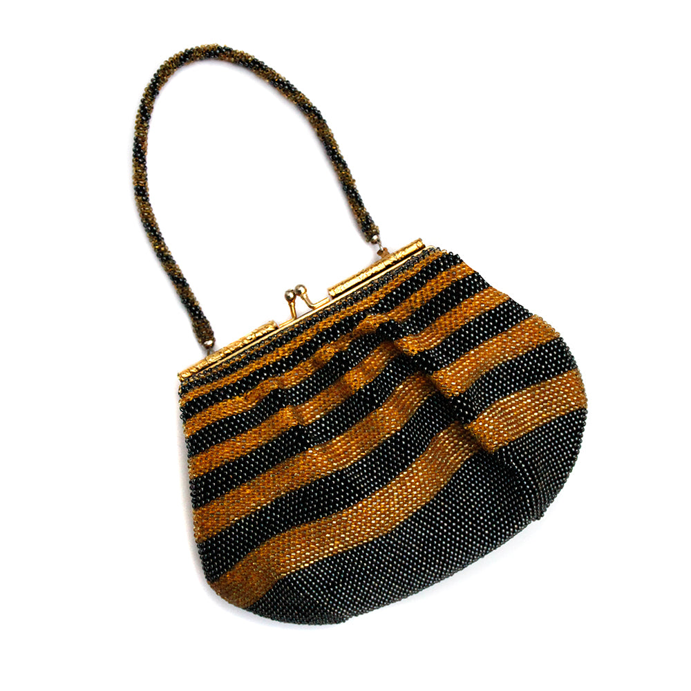1960s Gold And Black Beaded Striped Purse