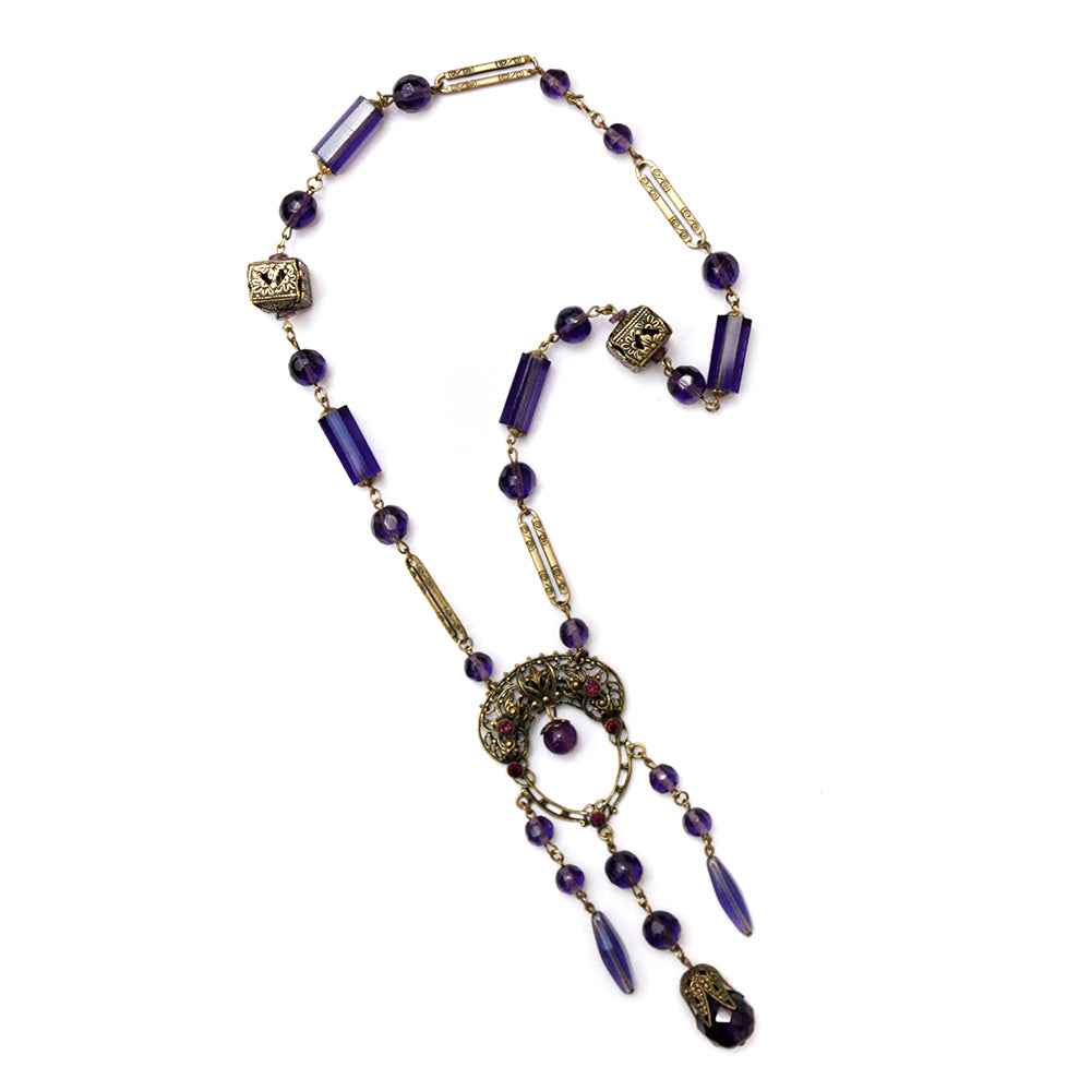 1930s Czech Purple Filigree Pendant Necklace