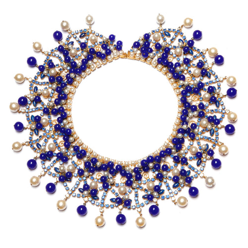 1950s KJL Blue and Pearl Fringe Collar Necklace