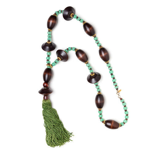 1970s Cadoro Wood and Green Beaded Necklace