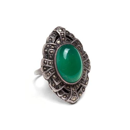 1930s Green Cabochon and Marcasite Ring