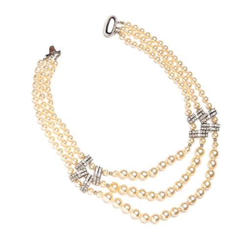 1950s Three-Strand Pearl and Diamanté Necklace
