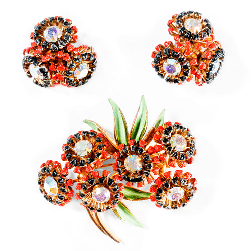 Weiss Orange Floral Pin and Earring Set